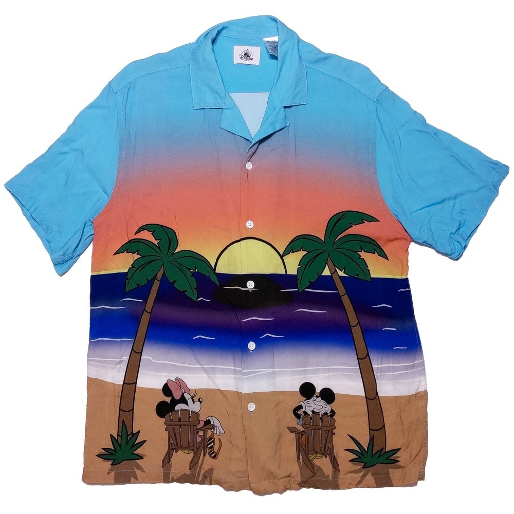 DISNEY PARKS Mickey Mouse Minnie Summer Sunset Beach Camp Hawaiian Shirt Large L